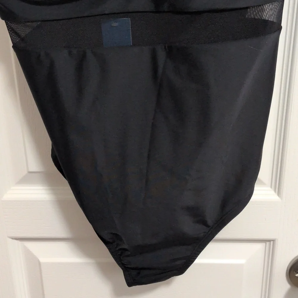 Low Cut Black One Piece Bathing Suit With Mesh - Picture 5 of 8